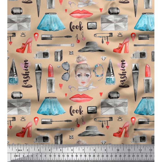 Soimoi Crêpe Tissu Rouge à Lèvres, Bouteille de Parfum & Robe Mode Tissu Imprimé par Yard 42 Pouces de Large