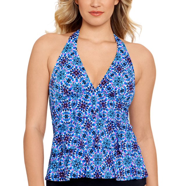 Swim Solutions Women's Halter Ruffle Tankini Tops, Navy, 8