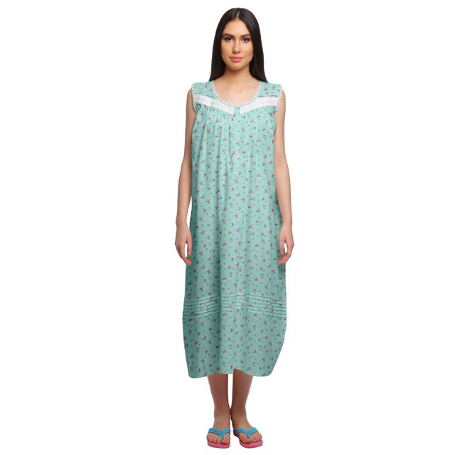 Moomaya Womens Lace Border Sleepwear For Ladies Button Placket Nightdress