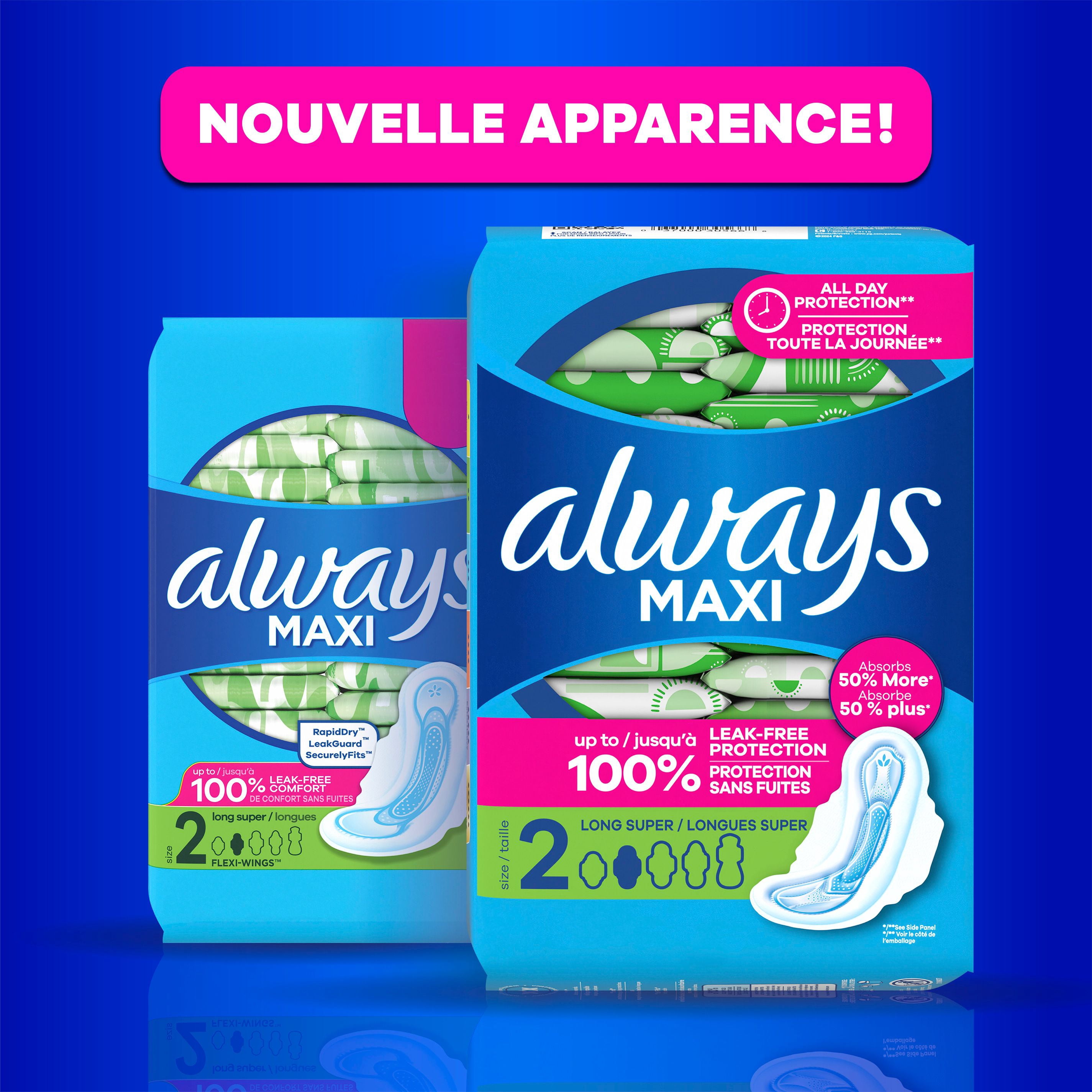 Always Maxi Feminine Pads with Wings for Women, Size 2, Long Super Absorbency, Unscented