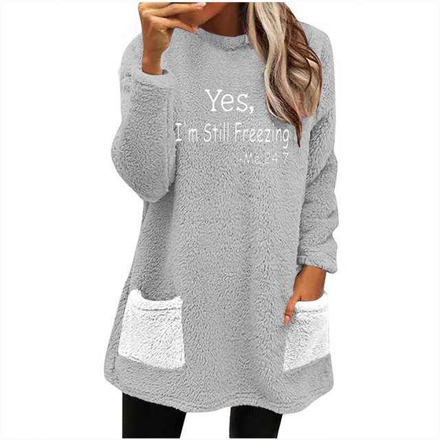 Penkiiy Chandails en Molleton Doublés Sherpa pour Femmes Col Rond Chandail Molletonné Chaud d'Hiver avec Poches 2024 L Gris