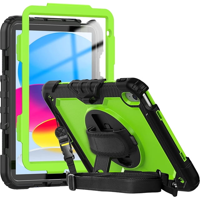 iPad 10th Generation Case 10.9 Inch with Screen Protector and Pen Holder by Timoom, shown in a vibrant green and black design. This heavy-duty shockproof case features a three-layer hybrid construction with a detachable screen protector, a built-in 360-degree rotatable kickstand, and a hand strap for secure handling. It includes an adjustable shoulder strap for hands-free use and is compatible with iPad 10th Generation models A2696, A2757, and A2777. The precise cutouts allow easy access to buttons, ports, cameras, and speakers.