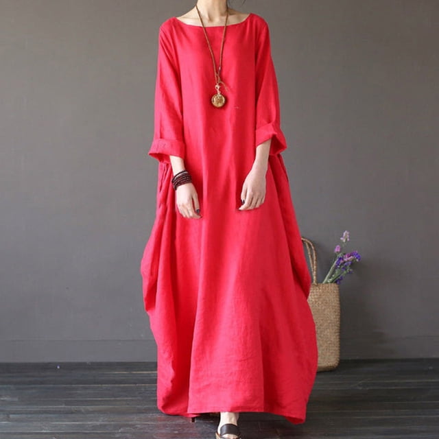 Meichang Robes Maxi pour Femmes 2025 Été Robe en Lin à Manches Longues Col Rond Robe Chemise Ample Robes Décontractées Longue avec Poches