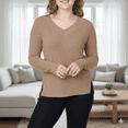 thumbnail image 2 of Kersh Women's V-Neck Tan Medium Mid-Weight Sweater with Side Slits - Machine Washable, 2 of 3