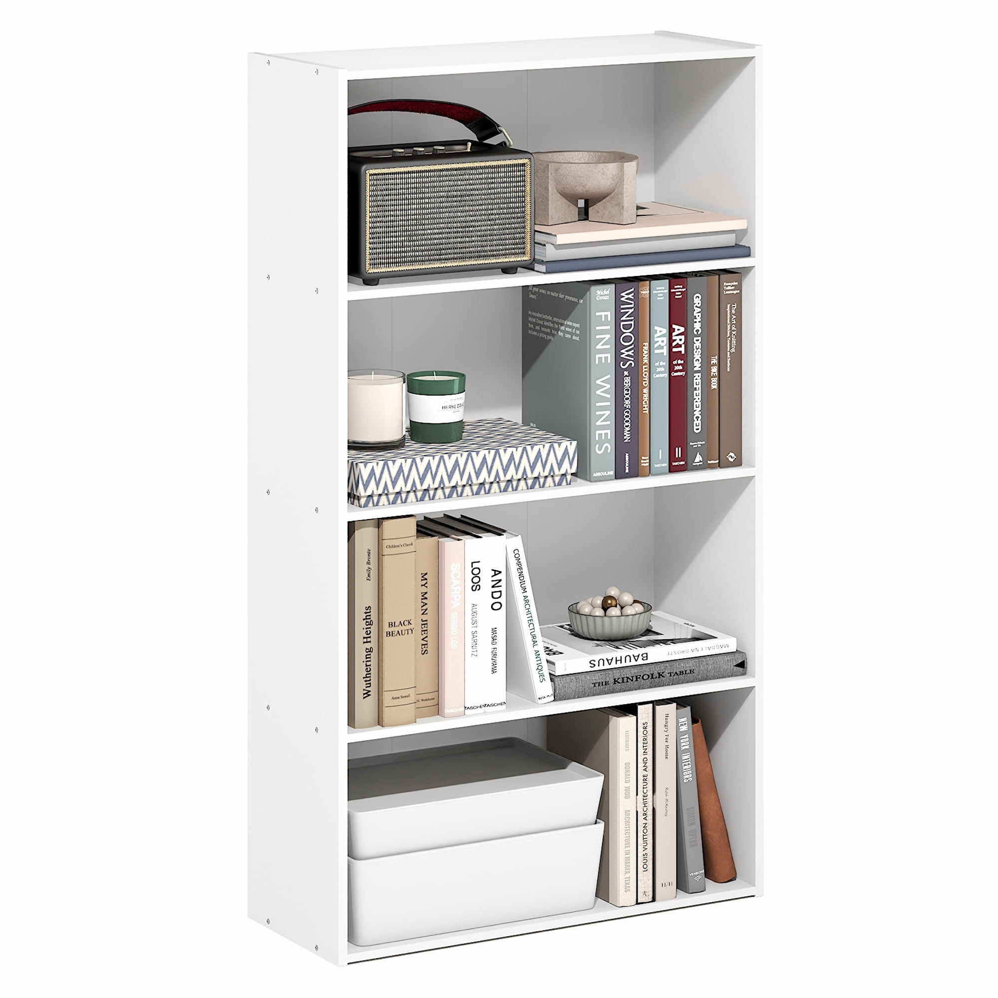 Furinno PASIR Book Shelf, 4-Tier Bookshelf, Bookcase with Open Shelf, 9.4 x 23.6 x 41.7, for Living Room, Bedroom, Home Office, Plain White