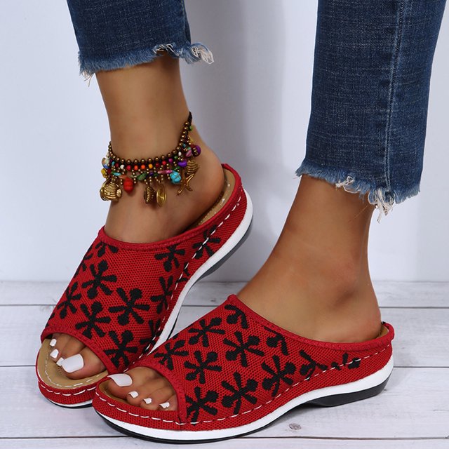 LSLJS Pantoufles à Bout Ouvert, Fleurs Rétro à Agencement de Couleurs, Compensées avec Pantoufles Tissées Volantes, Pantoufles pour Femmes