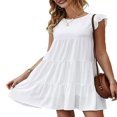 thumbnail image 1 of Femmes Casual Manches Volants Robes Été Couleur Unie Robe de Plage Mignonne Swing en Vrac Mini Robe Plissée, 1 of 5