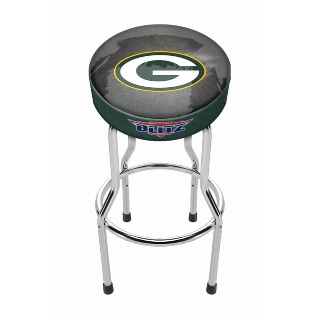 Arcade1UP Green Bay Packers Adjustable Pub Stool featuring a round seat with the Green Bay Packers logo on a green and gray background. The stool has a chrome-plated steel frame with sturdy legs and a footrest. It is adjustable in height from 21.5 inches to 29.5 inches using included leg extenders, making it suitable for standard Arcade1Up cabinets or those on risers. The seat is padded with high-density foam for comfort during long gaming sessions.