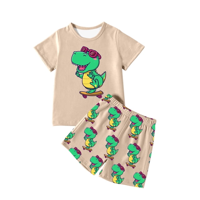 MIASHUI Ensembles et Ensembles pour Garçons Imprimé Dinosaure T-Shirt à Manches Courtes Col Ras du Cou et Ensemble de Shorts pour Tenue Décontractée Âges 4-12 pour Activités Quotidiennes et de Plein Air