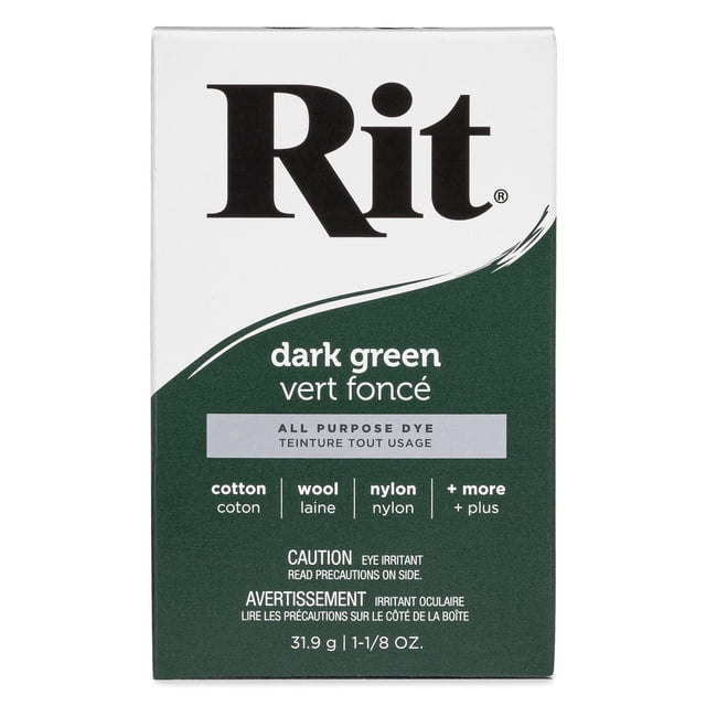 Rit Teinture en Poudre Tout Usage Vert Foncé, Boîte de 31,9 g (1 1/8 oz) avec Texte Bilingue Anglais et Français, Conçue pour Teindre le Coton, la Laine, le nylon et d'Autres Tissus, Comprend une Attention pour IrRiter les Yeux.