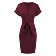 thumbnail image 3 of Basique V Cou Casual Robe à Manches Courtes Ceinturée Robe de Bureau Couleur Unie Parti Mini Robes Slim Robe Moulante Robe, 3 of 9