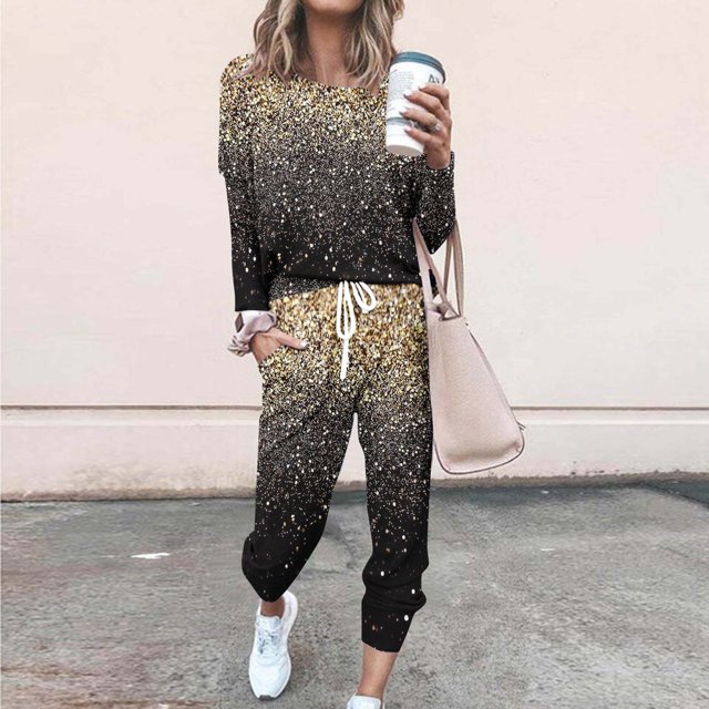 Ventes de Liquidation Tenues tumgatte pour Femmes Tenues Décontractées Grande Taille Tenues d'Automne pour Femmes Ensemble de Détente Mode Imprimé Manches Longues Col Rond Pull Hauts et Pantalons Ensemble Deux Pièces pour Femmes
