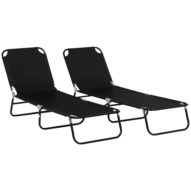 Outsunny Chaise Longue d'Extérieur Pliante avec Dossier Réglable - Ensemble de 2, Noir. Cette Paire de Chaises Longues d'Extérieur Noires Présente un design Pliable pour un transport et un Rangement Faciles. Chaque Chaise a une surface en Tissu oxford Respirant et un Cadre en Acier Enduit de Poudre, Offrant Durabilité et Confort. les Dossiers Sont Réglables à Cinq positions, Y Compris Entièrement Inclinés, pour une Détente Optimale. Convient à une Utilisation à la Plage, à la Piscine Ou au camping. Dimensions : 74 Pouces de long, 22 Pouces de Large et 11 Pouces de Haut Lorsqu'elle Est Entièrement Inclinée. Capacité