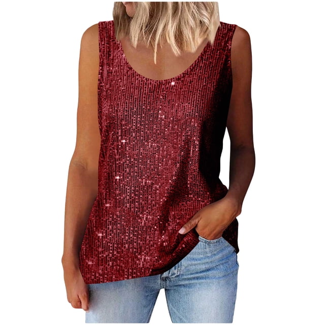 Plebaso Débardeurs à Paillettes Sans Manches pour Femmes, Mode Fête Clubwear