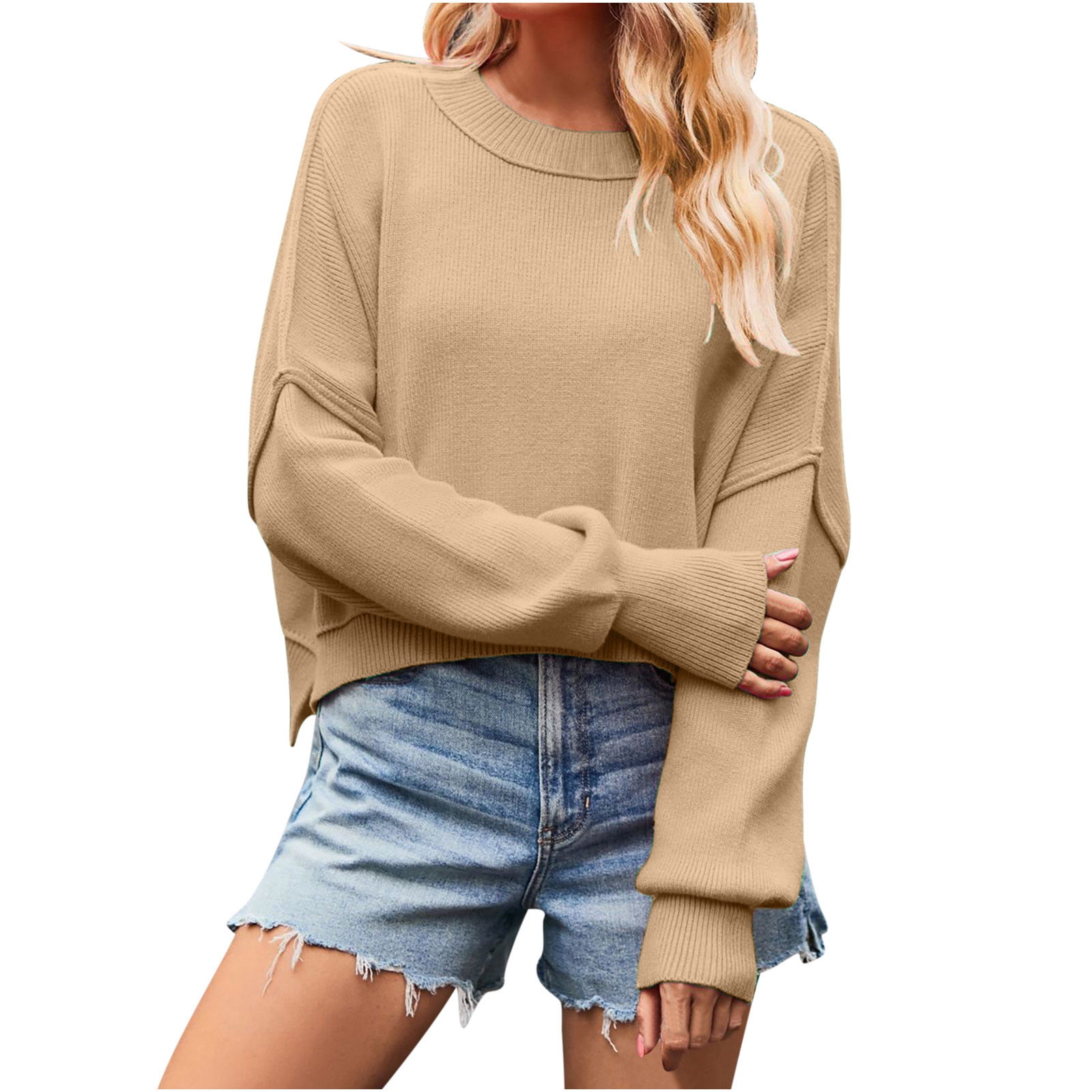Timegard Women's Sweaters Cropped 2024 Fall Winter Sweater Long Sleeve Pullover Side Slit Knit Tops