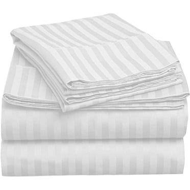 Fitted Sheet White Stripe 100 Percent Cotton Super Soft 1-Piece Fitted Sheet with 14" Inches Pocket Fitted Sheet 450TC (Twin, White)