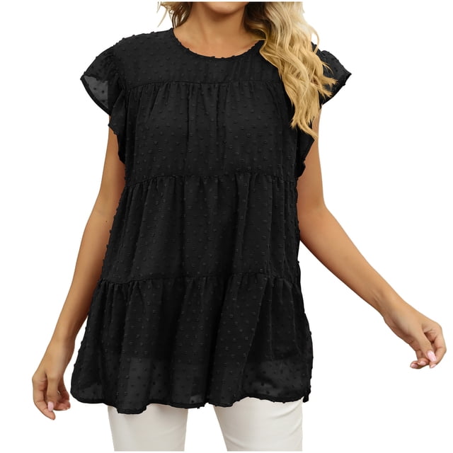 Timegard Womens Tops Chiffon Cap Sleeve Loose Blouse Lightweight Round Neck Summer Beach Vacation Tops