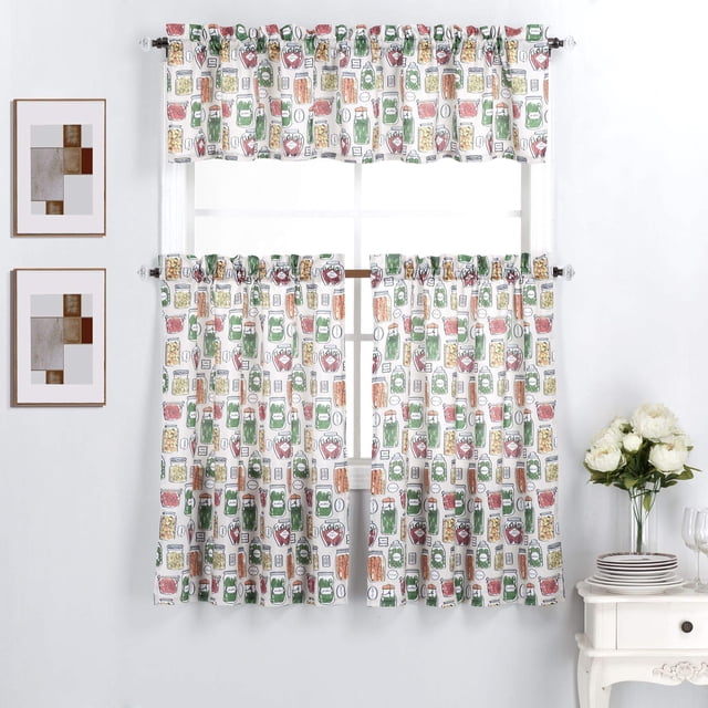 Interior Trends 3 Piece Kitchen Window Curtain Panel Tiers and Valance Set (36"" Tiers Set Vegetable Jars)