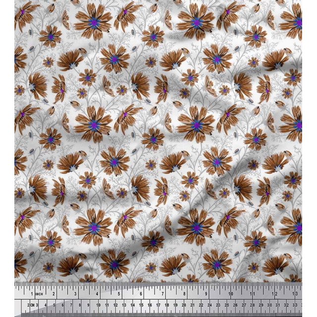 Soimoi Rayon Fabric Leaves & Cosmos Floral Printed Fabric 1 Yard 42 Inch Wide
