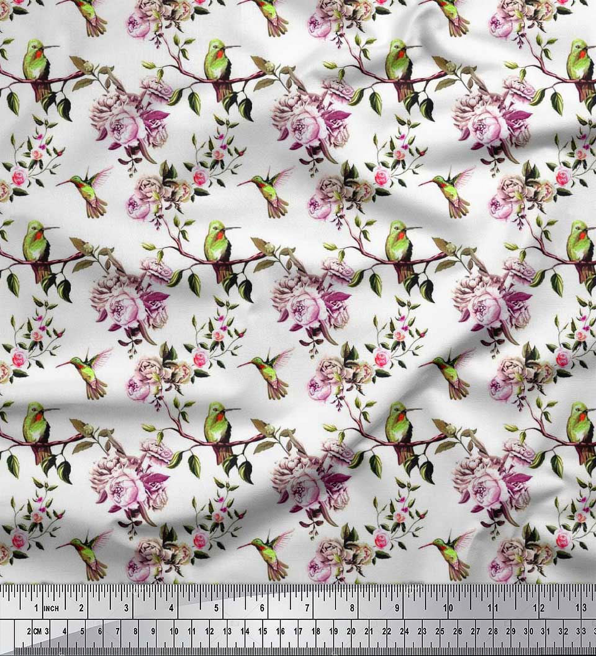 Soimoi Poly Georgette Fabric Hummingbird,Leaves & Rose Floral Print Fabric by the Yard 42 Inch Wide