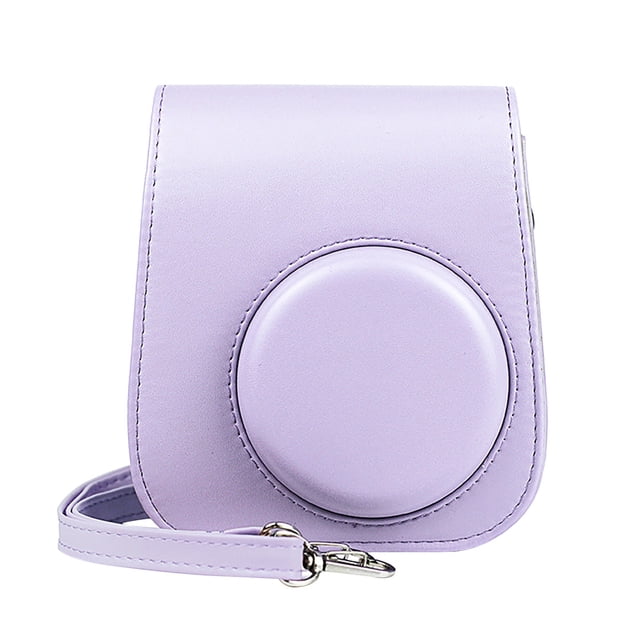 Leutsin Instant Camera Case for Instax Mini 11, a solid color protective case made of PU leather in a light purple shade. Features a rounded front design, soft microfiber interior, and an adjustable, removable strap. Includes a back pocket for storing photos temporarily.