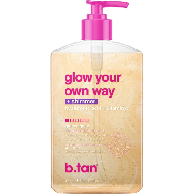 B.Tan Glow Your Own Way gel Auto-Bronzant Clair Scintillant 473 ml dans une Bouteille à Pompe Rectangulaire Transparente avec Distributeur Rose Vif, Contenant du gel Doré Scintillant avec des Bulles Visibles, Enrichi d'Acide Hyaluronique et de Vitamine C pour une Hydratation et une Lueur Dorée Progressive, Formule Végane et Sans Cruauté Idéale pour un Usage Quotidien pour Construire Ou Maintenir un Bronzage au Parfum tropical.