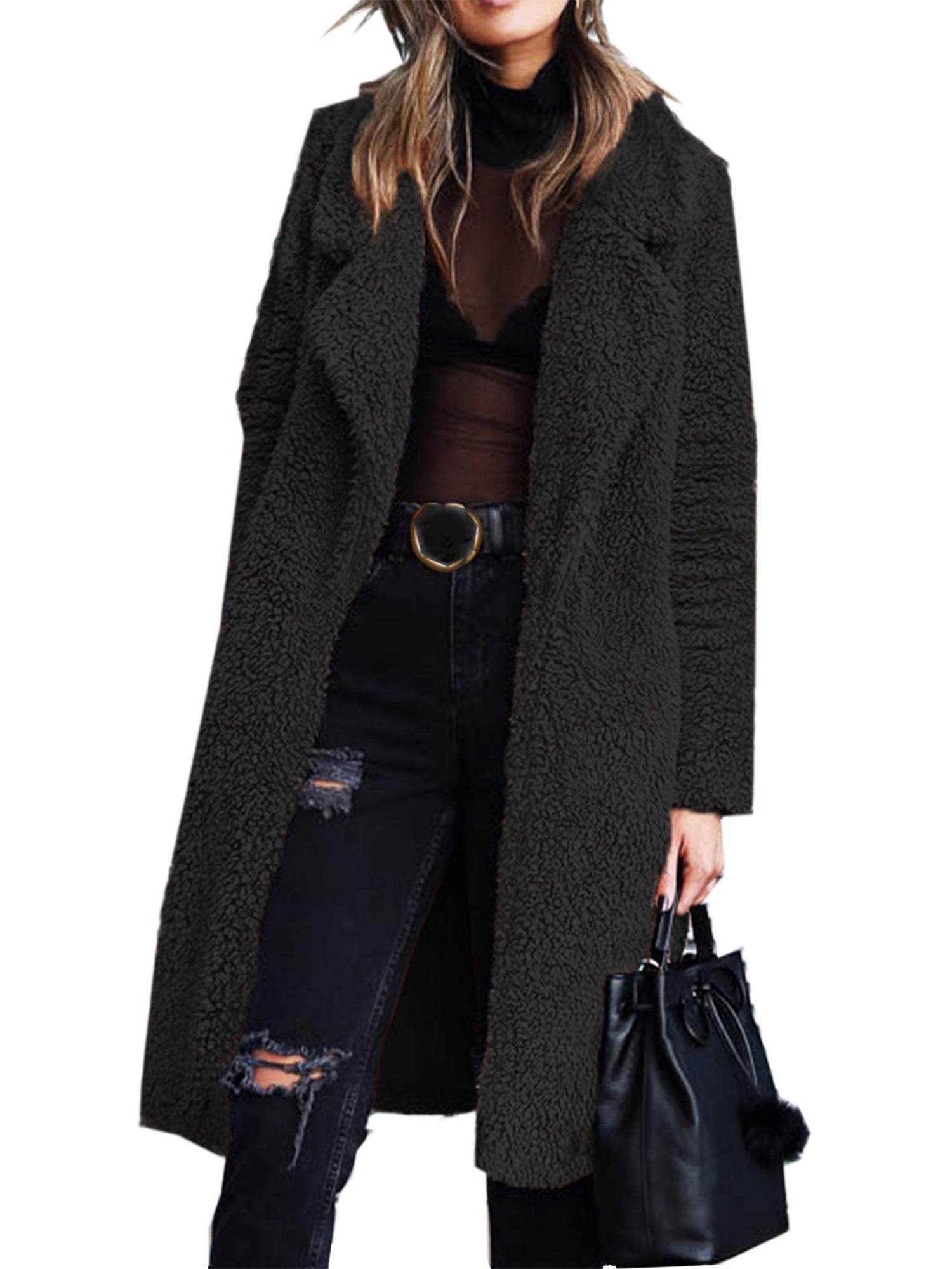Innerwin Coat Fuzzy Fleece Ladies Outwear Mid Length Lapel Loose Jacket Black 2XL