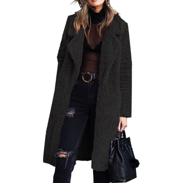 Innerwin Coat Fuzzy Fleece Ladies Outwear Mid Length Lapel Loose Jacket Black M