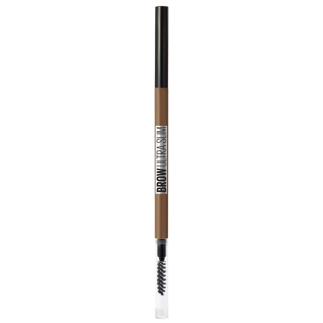 Maybelline New York Ultra Slim Defining Eyebrow Pencil in medium brown with a 1.5mm precision tip and spoolie brush, featuring a slim cylindrical design with a black cap and clear spoolie cover, ideal for precise, natural eyebrow definition.