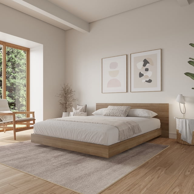 Nexera Satori Low Platform King Bed with Headboard, Brown Oak