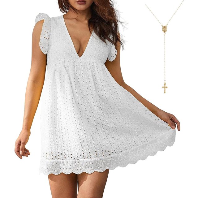 Oversized Women's V-Neck California Romper Dress, Summer Short Sleeve, Ruffle Detail with Pockets, Solid Color
