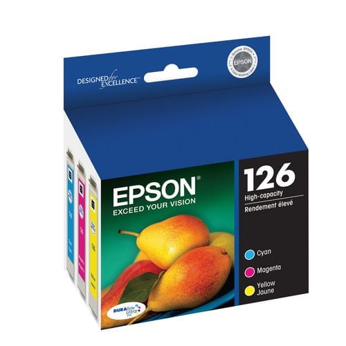 Epson 126 High-Capacity Colour Ink Cartridge Multi-Pack containing cyan, magenta, and yellow cartridges in a blue and white box with pear images, compatible with printers using DURABrite Ultra Inks for smudge, water, and fade resistant prints on plain and glossy paper.