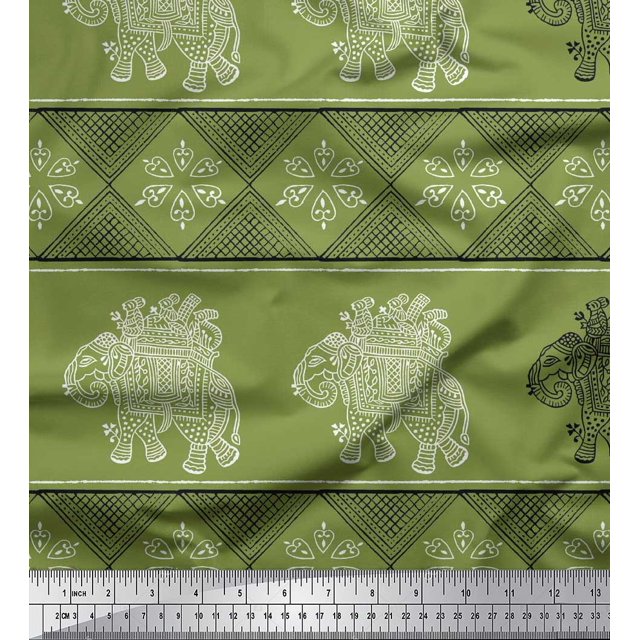 Soimoi Rayon Crepe Fabric Floral & Elephant Block Print Fabric by Yard 46 Inch Wide