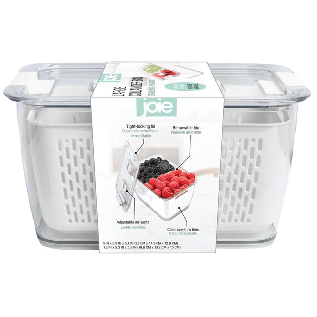 JOIE COLANDER BIN large kitchen colander bin with a clear plastic outer container and removable white colander insert featuring adjustable air vents and a tight-locking lid, ideal for straining and storing fruits and vegetables, also suitable for rinsing berries and small produce.