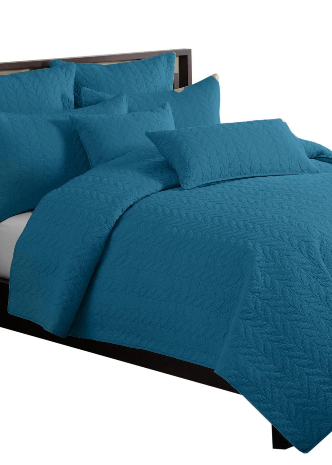 Gouchee Home Leaf Solid Quilt Set – Queen Size Teal Bedding Set, 3-Piece Cotton Lightweight Quilt with Leaf Stitch Pattern, Soft Prewashed All-Season Bedspread & Pillow Shams