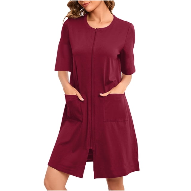 Timegard Robe de Nuit pour Femmes, Vêtement de Nuit, Peignoir à Fermeture Éclair, Manches Courtes, Robe Courte Confortable pour la Maison avec Poches