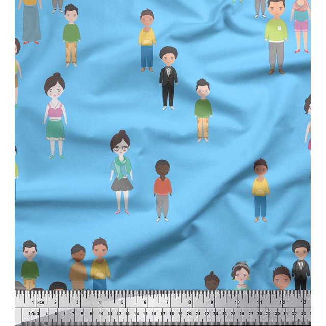 Soimoi Blue Poly Georgette Fabric Human Group Fabric Prints By Yard 52 Inch Wide