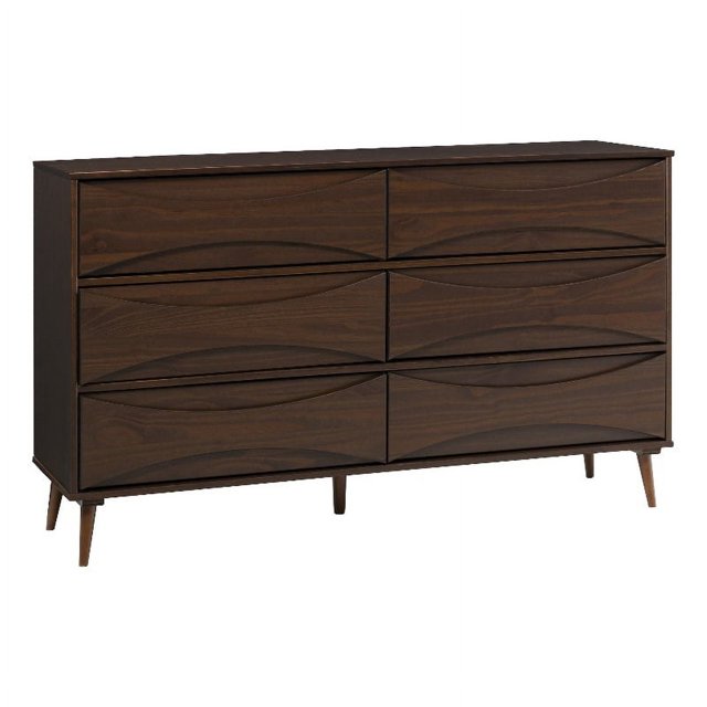 Commode en Bois Massif de 58 Po à 6 Tiroirs avec Détails Incurvés sur le devant - Noyer