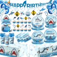 thumbnail image 1 of Shark Birthday Party Decorations, 190Pcs Shark Party Supplies Tableware Set with Plates,Napkins,Cups,Tablecloth,Banner,Hanging Swirls,Balloons,Cake Topper,Cupcake Toppers for Under The Sea Party Decor, 1 of 5