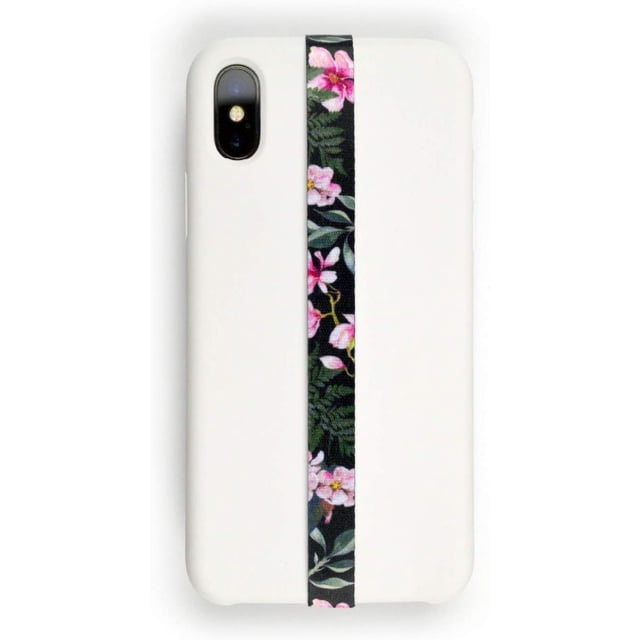 La Sangle de Doigt avec Boucle de Téléphone Originale pour Téléphone Mobile au design Fleuri, Montrée Attachée à un Étui de Téléphone Blanc. Ce Support de Sangle de Téléphone Présente un Motif floral avec des Fleurs Roses et des Feuilles Vertes sur un Fond Noir. Fabriqué en Tissu polyester durable avec Adhésif 3 m, Offre une Prise Sécuritaire et Ergonomique pour Votre Téléphone. Compatible avec la Plupart des Étuis de Téléphone et des Chargeurs Sans Fil, Il Est Léger et Discret, n'Ajoute Pas de Gros à Votre Appareil.