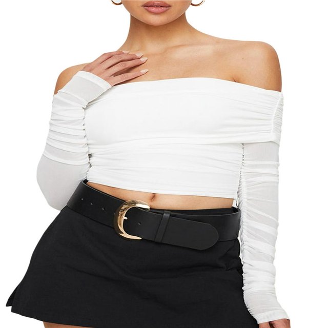 Folded Neckline Solid Color Cropped Tops with Ruched Long Sleeves for Women