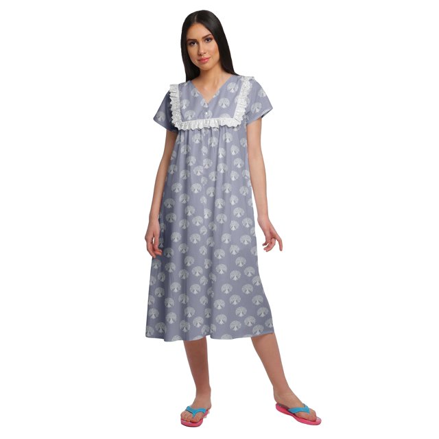 Moomaya Robe de Nuit à Manches Courtes Imprimée pour Femme, Col en V, en Coton