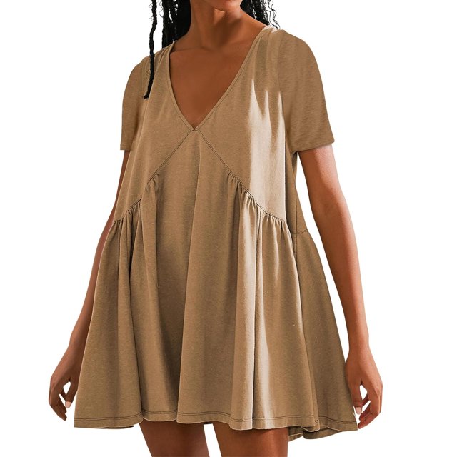 Jusqu'à 65 % de Rabais! Robes d'Été Mode pour Femmes 2024 Grande Taille Couleur Unie Robe à Manches Courtes