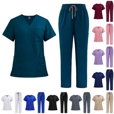 Summer Savings Clearance 2025 Bovxnpu Work Clothes for Women, Nurse Uniform Jogger Suit Stretch Top and Pants with Pocket, Solid Color Drawstring Pants Short Sleeve V-Neck Nursing Uniform Set M