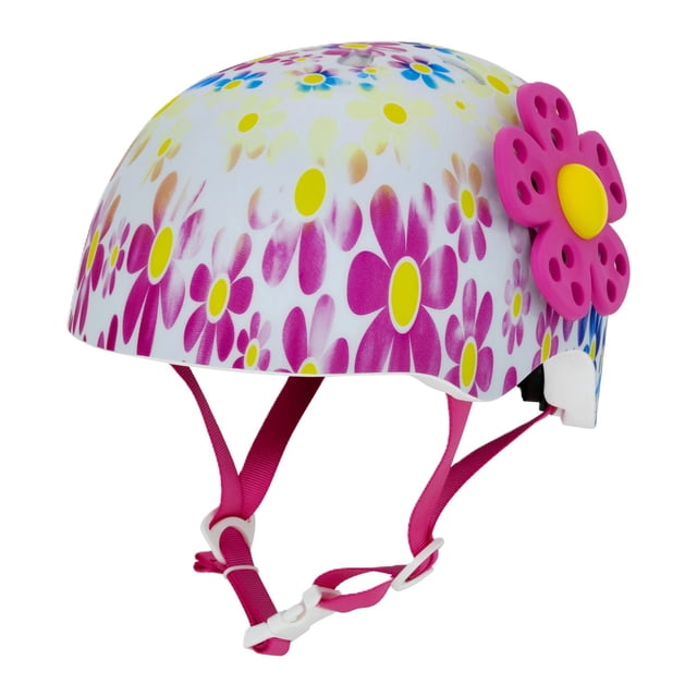 Raskullz Breloques de Pédales Casque Multisport pour Enfant avec une Coque Blanche Décorée de Fleurs Teinture sur Nœuds Roses, Jaunes et Bleues, Sangles Ajustables Roses et Porte-Breloques 3D en Forme de Fleur Rose des Deux Côtés. Il Présente des Évents de Refroidissement Aérodynamiques et Conforme aux Normes de Sécurité CPSC des É.-U., Idéal pour les Enfants de 5 à 8 Ans Qui Utilisent des Vélos, des Trottinettes Ou des Planches à Roulettes.