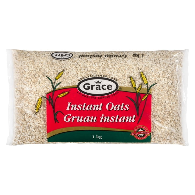 Grace Instant Oats 1kg bag with clear packaging showing light beige oat flakes. The front label features red and green colors with yellow oat stalk illustrations and bilingual English-French text. Suitable for quick, nutritious breakfasts or baking.
