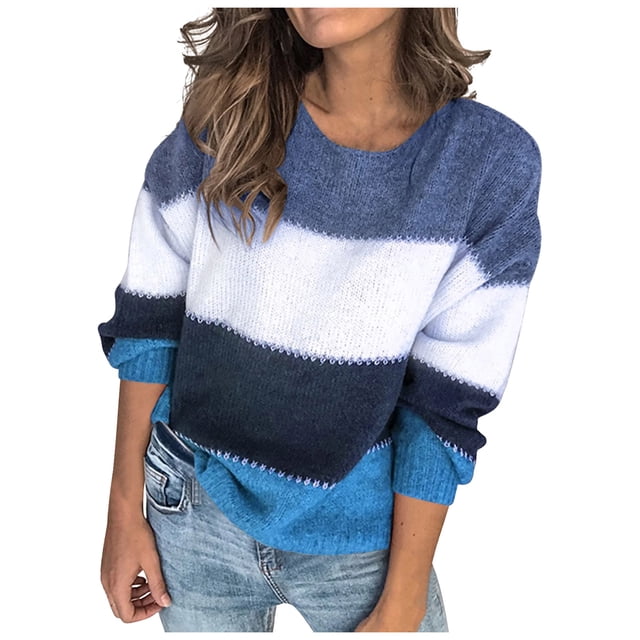 WUANDIXFA Chandail d'Automne à Col Rond pour Femmes, Hauts Tricotés, Chandail à Blocs de Couleur, Chandail Décontracté d'Hiver à Manches Longues, Bleu, 2TG