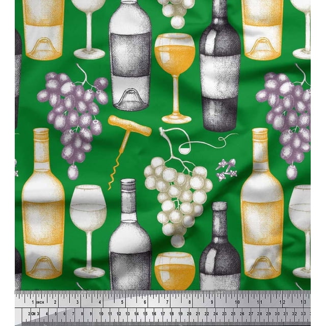 Soimoi polyester Crepe Fabric Grapes,Wine Glass & Bottle Print Fabric by the Yard 52 Inch Wide