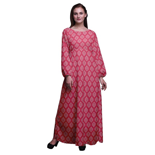 Bimba Robe Maxi à Manches Longues pour Femmes en Georgette Mousse, Imprimé Damassé au Pochoir, Taille Élastique - Grande