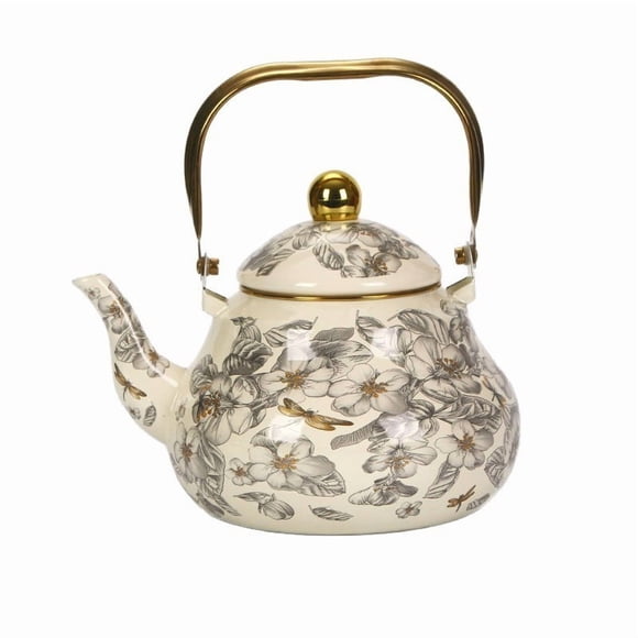 Vintage Style Enameled Tea Kettle | Steel Teapot with Floral Porcelain Enamel Finish for Stovetop Boiling Water | Large Capacity Whistling Kettle for Gas and Induction Stove | Home Kitchen Decor and